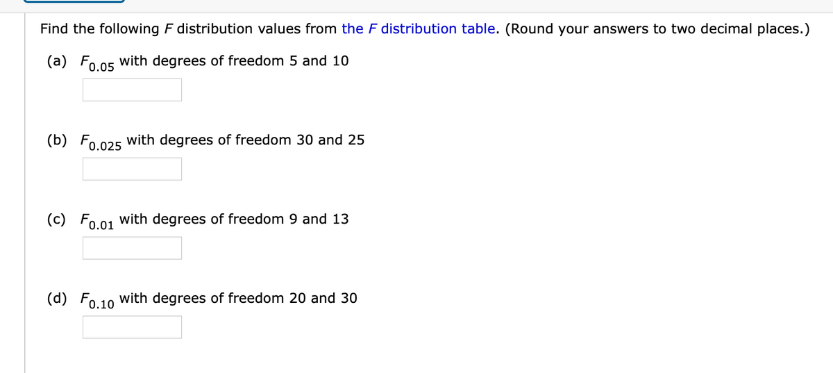 Find the following F distribution values from the F distribution table. (Round your answers to two decimal places.)
(a) Fo.05 with degrees of freedom 5 and 10
(b) Fo.025 with degrees of freedom 30 and 25
(c) Fo.01 with degrees of freedom 9 and 13
(d) Fo 10 with degrees of freedom 20 and 30
