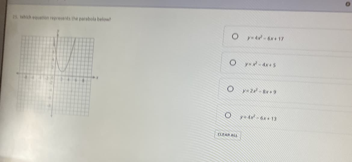 25. Which equation represents the parabola below?
X
y=4x² - 6x +17
CLEAR ALL
y=x²-4x+5
OV-2X²-8X+9
y 4x 6x+13