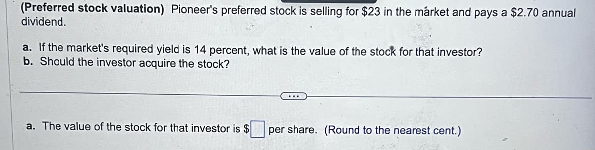 (Preferred stock valuation) Pioneer's preferred stock is selling for $23 in the market and pays a $2.70 annual
dividend.
a. If the market's required yield is 14 percent, what is the value of the stock for that investor?
b. Should the investor acquire the stock?
a. The value of the stock for that investor is $ per share. (Round to the nearest cent.)