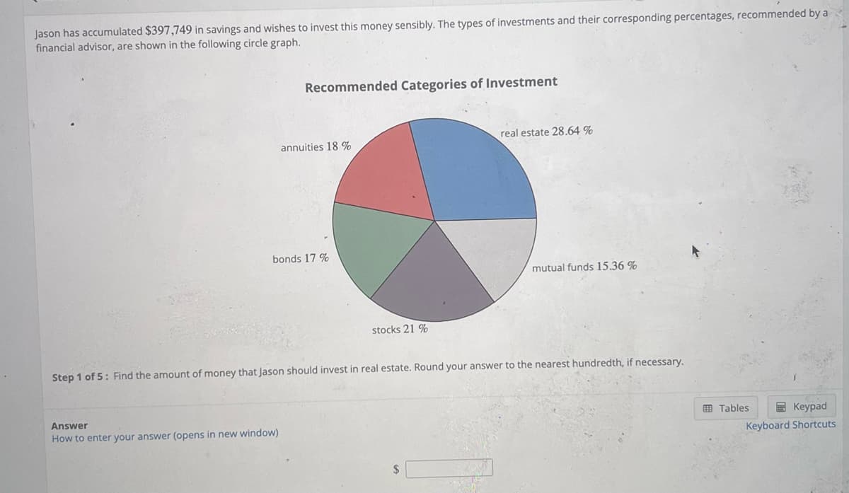 Jason has accumulated $397,749 in savings and wishes to invest this money sensibly. The types of investments and their corresponding percentages, recommended by a financial advisor, are shown in the following circle graph.

**Recommended Categories of Investment:**

- **Real Estate:** 28.64%
- **Stocks:** 21%
- **Annuities:** 18%
- **Bonds:** 17%
- **Mutual Funds:** 15.36%

The circle graph is divided into colored segments representing the different investment categories and their corresponding percentages of the total investment. Each segment's size visually depicts the proportion of the total investment recommended for each category.

**Step 1 of 5:**

Find the amount of money that Jason should invest in real estate. Round your answer to the nearest hundredth, if necessary.

**Answer:**

(Enter your answer in the provided box)

- Use the total savings amount and the percentage for real estate to calculate the investment.

This activity helps you practice calculating investment amounts based on percentages and understand the distribution of a diversified investment portfolio.