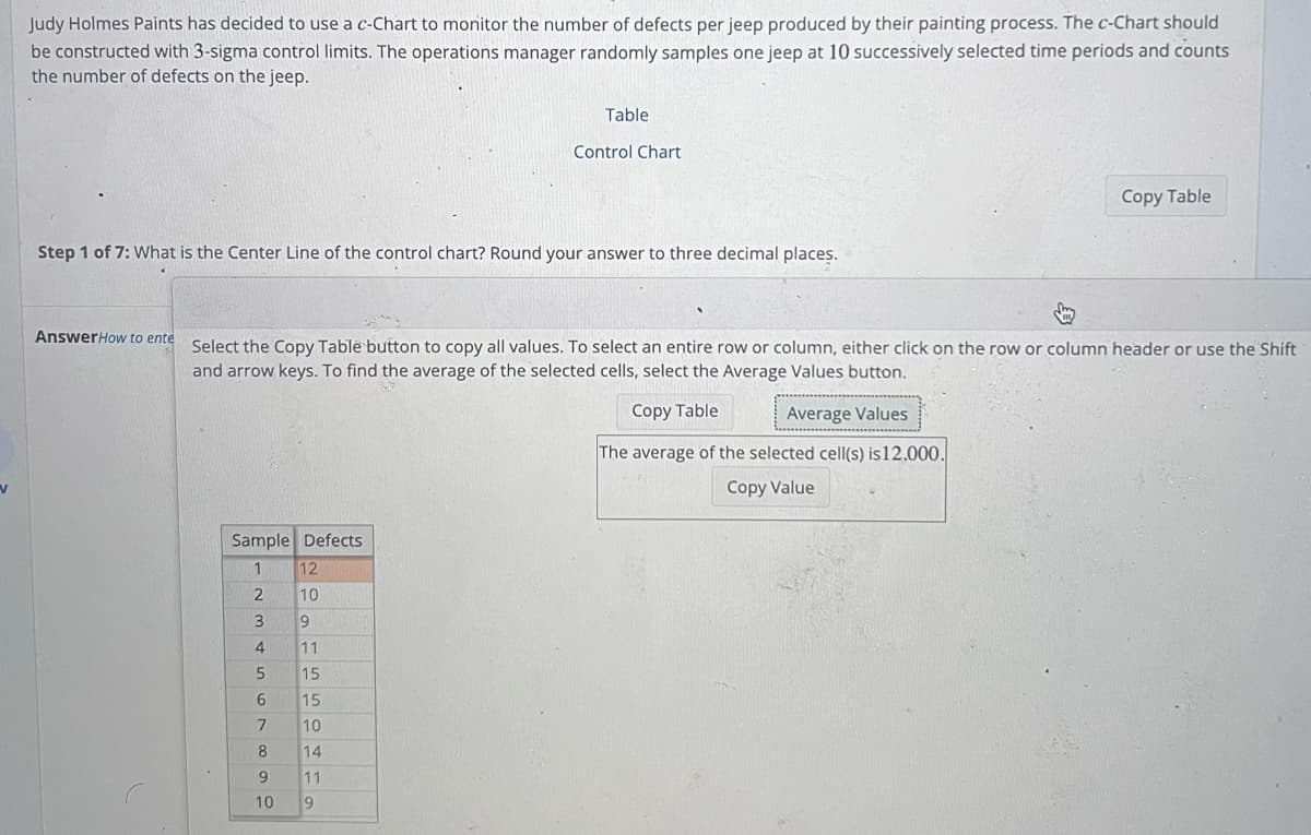 V
Judy Holmes Paints has decided to use a c-Chart to monitor the number of defects per jeep produced by their painting process. The c-Chart should
be constructed with 3-sigma control limits. The operations manager randomly samples one jeep at 10 successively selected time periods and counts
the number of defects on the jeep.
AnswerHow to ente
Step 1 of 7: What is the Center Line of the control chart? Round your answer to three decimal places.
Sample Defects
1
2
3
4
5
6
7
8
9
10
Table
Select the Copy Table button to copy all values. To select an entire row or column, either click on the row or column header or use the Shift
and arrow keys. To find the average of the selected cells, select the Average Values button.
Copy Table
Average Values
The average of the selected cell(s) is 12.000.
Copy Value
12
10
9
11
15
15
10
14
Control Chart
11
9
Copy Table