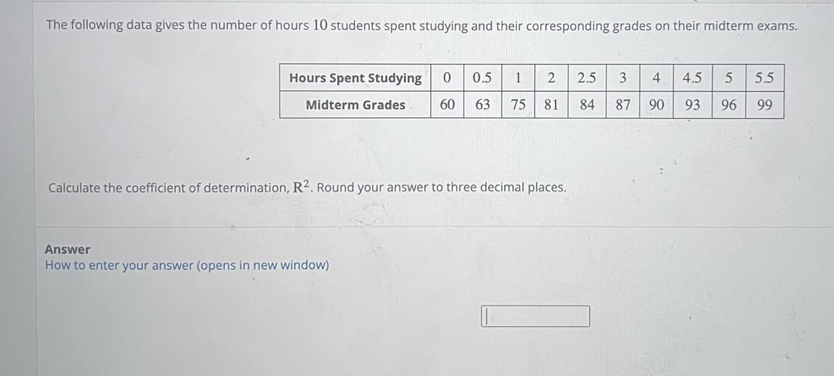 The following data gives the number of hours 10 students spent studying and their corresponding grades on their midterm exams.
Hours Spent Studying 0 0.5 1 2
Midterm Grades 60 63 75 81
Calculate the coefficient of determination, R2. Round your answer to three decimal places.
Answer
How to enter your answer (opens in new window)
2.5 3 4
4.5
5 5.5
84 87 90 93 96 99