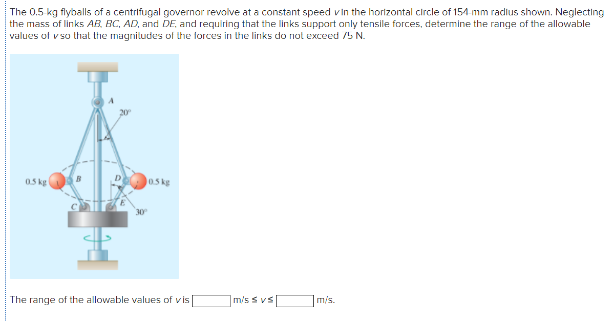 The 0.5-kg flyballs of a centrifugal governor revolve at a constant speed vin the horizontal circle of 154-mm radius shown. Neglecting
the mass of links AB, BC, AD, and DE, and requiring that the links support only tensile forces, determine the range of the allowable
values of v so that the magnitudes of the forces in the links do not exceed 75 N.
