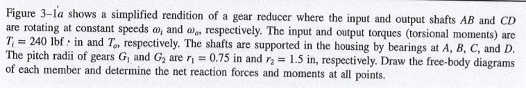 Figure 3-la shows a simplified rendition of a gear reducer where the input and output shafts AB and CD
are rotating at constant speeds and w, respectively. The input and output torques (torsional moments) are
T = 240 lbf in and T, respectively. The shafts are supported in the housing by bearings at A, B, C, and D.
The pitch radii of gears G, and G2 are ri = 0.75 in and r2 = 1.5 in, respectively. Draw the free-body diagrams
of each member and determine the net reaction forces and moments at all points.
