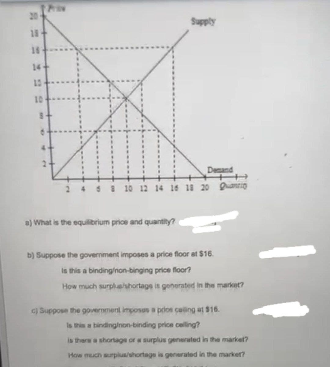 18-
18
14+
10
Supply
a) What is the equilibrium price and quantity?
Demand
6 8 10 12 14 16 18 20 Quantity
b) Suppose the government imposes a price floor at $16.
Is this a binding/non-binging price floor?
How much surplus/shortage is generated in the market?
c) Suppose the government imposes a price calling at $16.
Is this a binding/non-binding price celling?
is there a shortage or a surplus generated in the market?
How much surplus/shortage is generated in the market?