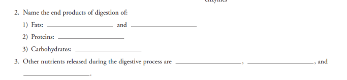 2. Name the end products of digestion of:
1) Fats:
and
2) Proteins:
3) Carbohydrates:
3. Other nutrients released during the digestive process are
and
