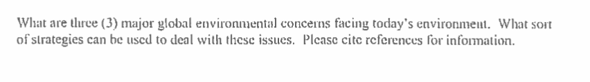 What are three (3) major global environmental concerns facing today's environment. What sort
of strategies can be used to deal with these issues. Please cite references for information.