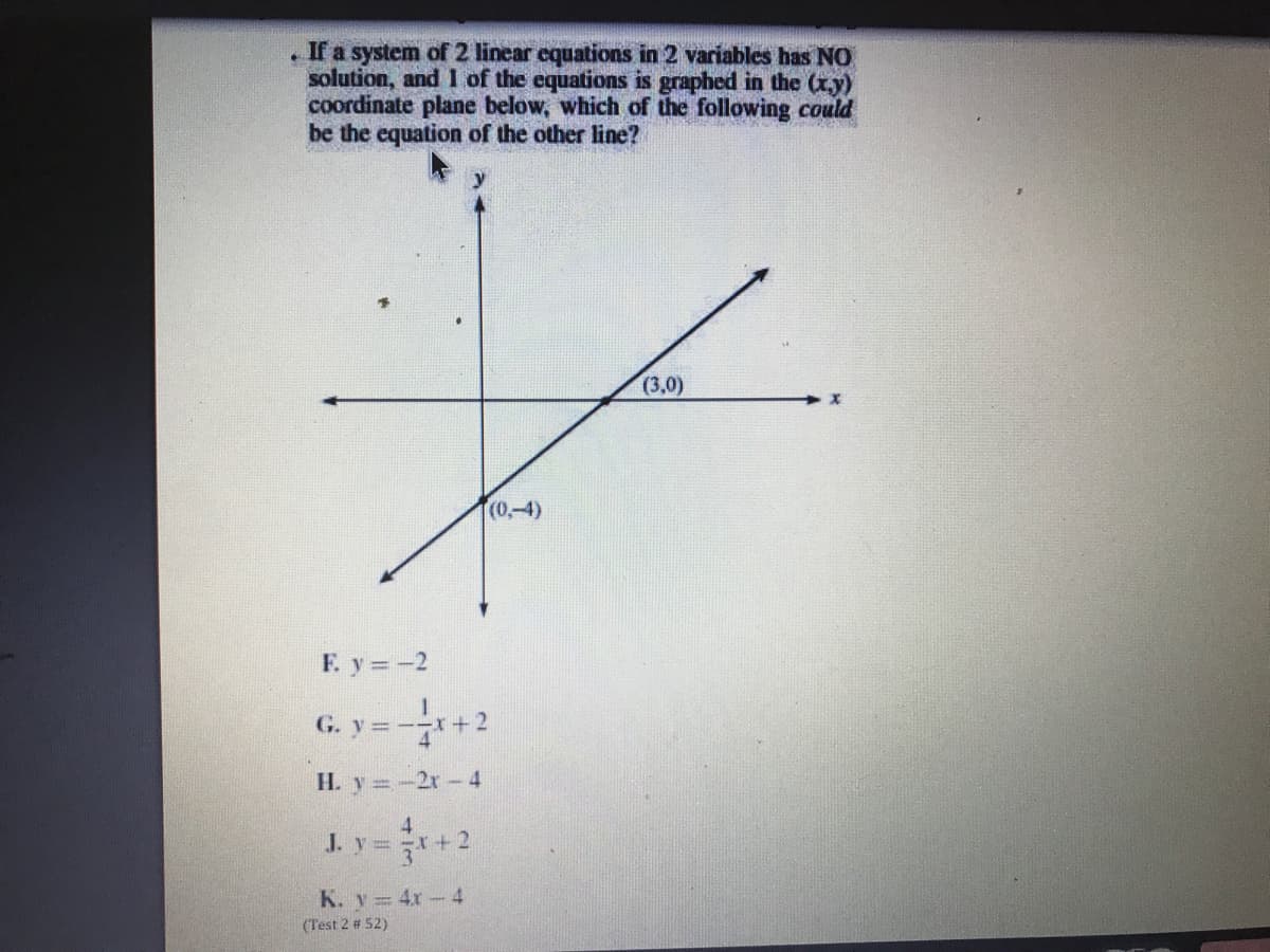 If a system of 2 linear equations in 2 variables has NO
solution, and 1 of the equations is graphed in the (x.y)
coordinate plane below, which of the following could
be the equation of the other line?
(3,0)
(0,-4)
F y = -2
G. y =-+2
H. y =-2r 4
J. y=+2
K. y 4x-4
(Test 2 # 52)
