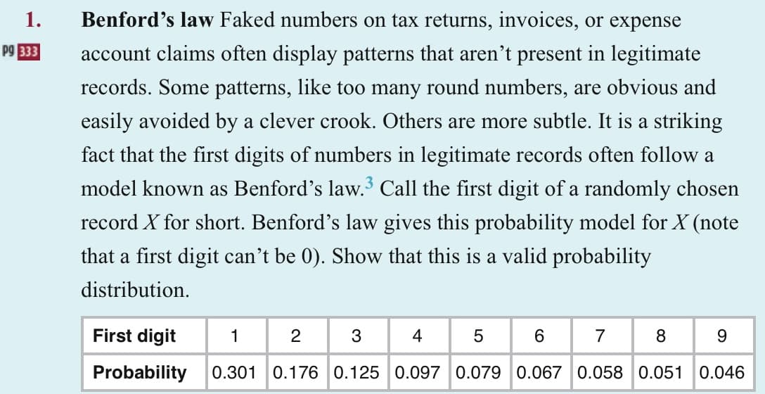 1.
P9 333
Benford's law Faked numbers on tax returns, invoices, or expense
account claims often display patterns that aren't present in legitimate
records. Some patterns, like too many round numbers, are obvious and
easily avoided by a clever crook. Others are more subtle. It is a striking
fact that the first digits of numbers in legitimate records often follow a
model known as Benford's law.³ Call the first digit of a randomly chosen
record X for short. Benford's law gives this probability model for X (note
that a first digit can't be 0). Show that this is a valid probability
distribution.
First digit
1
2
3
4
6
Probability 0.301 0.176 0.125 0.097 0.079 0.067
7
8
9
0.058 0.051 0.046