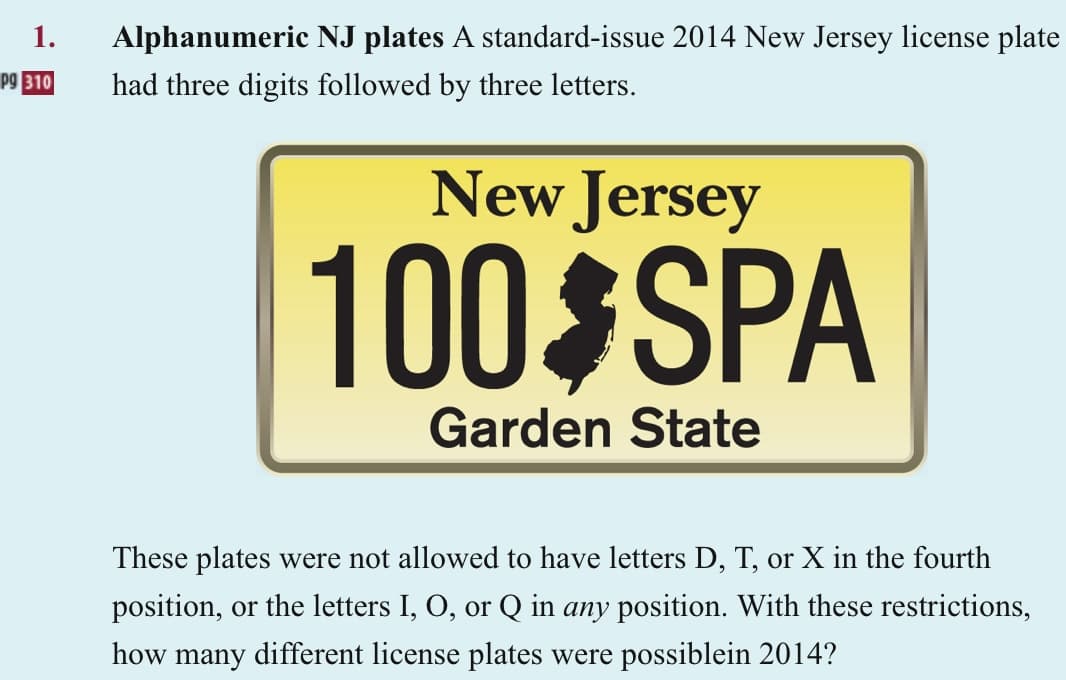 1.
pg 310
Alphanumeric NJ plates A standard-issue 2014 New Jersey license plate
had three digits followed by three letters.
New Jersey
100 SPA
Garden State
These plates were not allowed to have letters D, T, or X in the fourth
position, or the letters I, O, or Q in any position. With these restrictions,
how many different license plates were possiblein 2014?