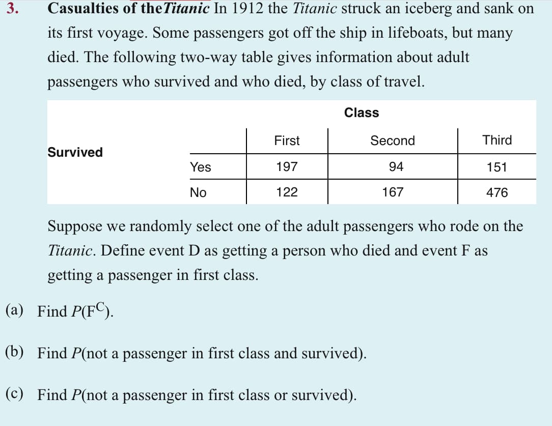 3.
Casualties of the Titanic In 1912 the Titanic struck an iceberg and sank on
its first voyage. Some passengers got off the ship in lifeboats, but many
died. The following two-way table gives information about adult
passengers who survived and who died, by class of travel.
Survived
Yes
No
First
197
122
Class
Second
94
167
Third
151
476
Suppose we randomly select one of the adult passengers who rode on the
Titanic. Define event D as getting a person who died and event F as
getting a passenger in first class.
(a) Find P(FC).
(b) Find P(not a passenger in first class and survived).
(c) Find P(not a passenger in first class or survived).