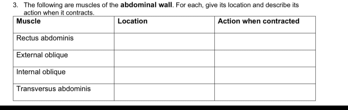 3. The following are muscles of the abdominal wall. For each, give its location and describe its
action when it contracts.
Muscle
Location
Action when contracted
Rectus abdominis
External oblique
Internal oblique
Transversus abdominis
