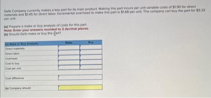 Gelb Company currently makes a key part for its main product. Making this part incurs per unit variable costs of $1.90 for direct
materials and $1.45 for direct labor. Incremental overhead to make this part is $1.68 per unit. The company can buy the part for $5.32
per unit..
(a) Prepare a make or buy analysis of costs for this part.
Note: Enter your answers rounded to 2 decimal places.
(b) Should Gelb make or buy the art?
(a) Make or Buy Analysis
Direct materials
Direct labor
Overhead
Cost to buy
Cost per unit
Cost difference
(b) Company should:
Make
Buy