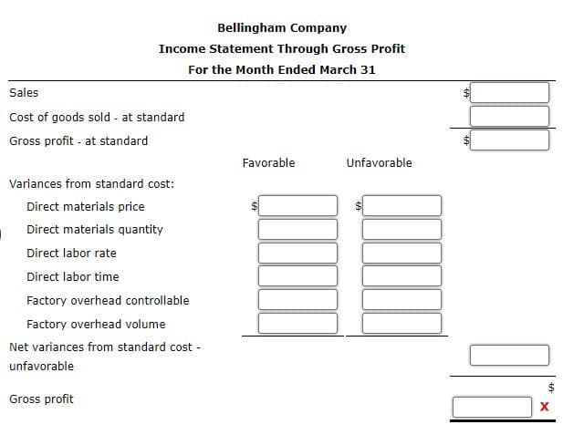 .
Bellingham Company
Income Statement Through Gross Profit
For the Month Ended March 31
Sales
Cost of goods sold - at standard
Gross profit - at standard
Variances from standard cost:
Direct materials price
Direct materials quantity
Direct labor rate
Direct labor time
Factory overhead controllable
Factory overhead volume
Net variances from standard cost-
unfavorable
Gross profit
Favorable
Unfavorable
6A
69
PJO