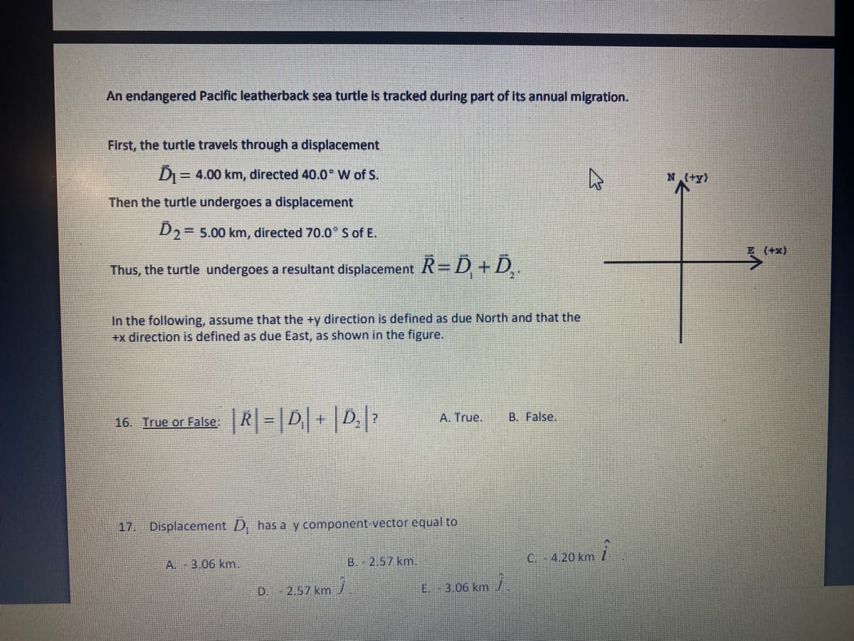 An endangered Pacific leatherback sea turtle is tracked during part of its annual migration.
First, the turtle travels through a displacement
D = 4.00 km, directed 40.0 W of S.
N (+y)
%3D
Then the turtle undergoes a displacement
D2= 5.00 km, directed 70.0° S of E.
(+x)
Thus, the turtle undergoes a resultant displacement R=D+D,.
In the following, assume that the +y direction is defined as due North and that the
+x direction is defined as due East, as shown in the figure.
|R =|D| + |D.|>
16. True or False:
A. True.
B. False.
17. Displacement D, has a y component-vector equal to
B. 2.57 km.
C. -4.20 km
A. 3.06 km.
E.
3.06 km /
D.
2.57 km

