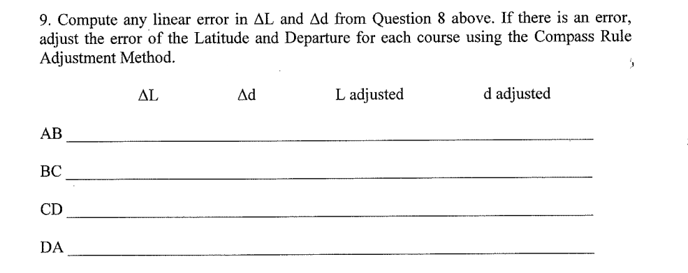 9. Compute any linear error in AL and Ad from Question 8 above. If there is an error,
adjust the error of the Latitude and Departure for each course using the Compass Rule
Adjustment Method.
ΔL
Ad
L adjusted
d adjusted
AB
ВС
CD
DA
