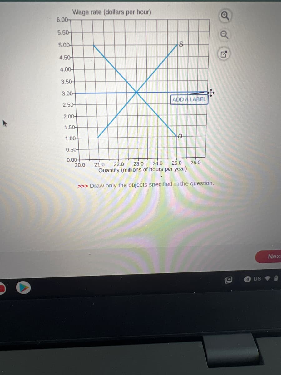 6.00
5.50
5.00
Wage rate (dollars per hour)
4.50
4.00
3.50-
3.00
2.50
2.00
1.50-
1.00
0.50
0.00
20.0 21.0 22.0 23.0 24.0 25.0 26.0
Quantity (millions of hours per year)
>>> Draw only the objects specified in the question.
ADD A LABEL
D
of.
G
4 US
Nex