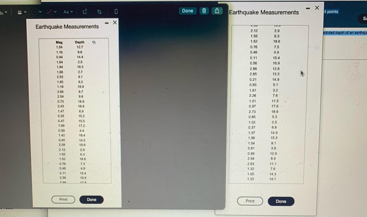 Aa
0 4
Earthquake Measurements
Mag
Depth D
1.54
12.7
1.16
8.6
0.94
14.4
www
1.64
PEN
1.94
0:00
1.66
100
2.93
1.85
1.19
2.66
2.54
HONDEN
0.73
pape
2.43
BEN
1.47
DA
0.35
de
0.47
TODA
1.99
0.39
1.42
OTHE
0.45
2.09
2.12
1.55
1.52
0.76
0.46
0.11
0.56
2.88
Print
HA
2.5
HATA
16.3
SHAREE
2.7
DIN
9.1
1010
9.2
1000
18.9
BON
9.7
Bol
9.8
18.9
18.8
6.9
15.2
15.5
17.2
4.4
18.4
14.5
19.9
2.9
Ku
6.3
18.6
7.5=
4.9
15.4
16.9
12 R
4 0
- X
Done
Done 何
111
Earthquake Measurements
2.03
13.3
2.12
2.9
1.55
6.3
1.52
18.6
0.76
7.5
0.46
4.9
0.11
15.4
0.56
16.9
2.88
12.8
2.85
13.3
0.21
14.9
0.93
5.1
1.61
3.2
2.26
7.6
1.01
11.5
0.97
17.6
2.73
18.9
0.85
5.3
1.02
2.5
0.37
6.8
1.37
14.9
1.96
15.3
1.54
8.1
0.81
3.8
0.99
12.9
2.54
8.9
2.63
11.1
1.32
7.6
1.05
14.3
1.33
14.1
Print
Done
- X
4 points
Sa
edicted depth of an earthqu