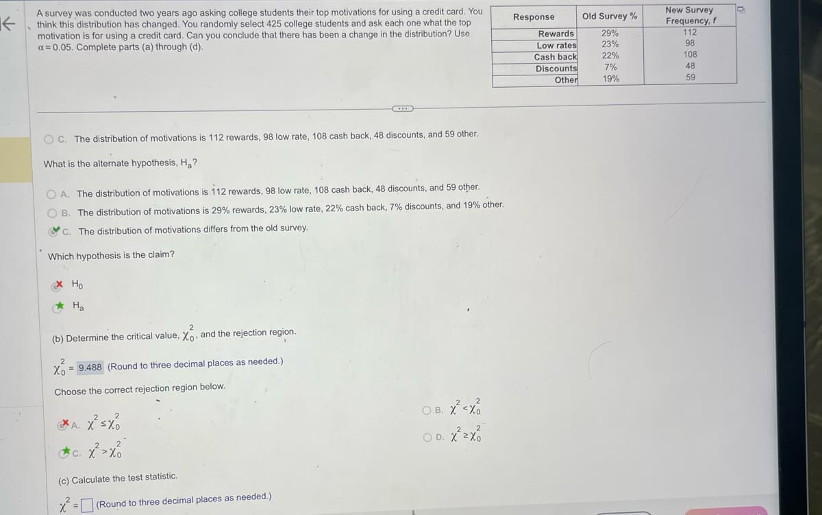 A survey was conducted two years ago asking college students their top motivations for using a credit card. You
think this distribution has changed. You randomly select 425 college students and ask each one what the top.
motivation is for using a credit card. Can you conclude that there has been a change in the distribution? Use
α = 0.05. Complete parts (a) through (d).
OC. The distribution of motivations is 112 rewards, 98 low rate, 108 cash back, 48 discounts, and 59 other.
What is the alternate hypothesis, H₂?
OA. The distribution of motivations is 112 rewards, 98 low rate, 108 cash back, 48 discounts, and 59 other.
OB. The distribution of motivations is 29% rewards, 23% low rate, 22% cash back, 7% discounts, and 19% other.
c. The distribution of motivations differs from the old survey.
Which hypothesis is the claim?
Ho
Ha
(b) Determine the critical value, Xo, and the rejection region.
Xo9.488 (Round to three decimal places as needed.)
Choose the correct rejection region below.
A. X²SX
c. x² > x
(c) Calculate the test statistic.
x² = 1
(Round to three decimal places as needed.)
O.B. X²<
D. X² zxo
O D.
Response
Rewards
Low rates
Cash back
Discounts
Other
Old Survey %
29%
23%
22%
7%
19%
New Survey
Frequency, f
112
98
108
48
59