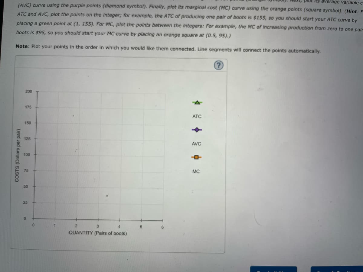 ext, plot its average variable c
(AVC) curve using the purple points (diamond symbol). Finally, plot its marginal cost (MC) curve using the orange points (square symbol). (Hint: F
ATC and AVC, plot the points on the integer; for example, the ATC of producing one pair of boots is $155, so you should start your ATC curve by
placing a green point at (1, 155). For MC, plot the points between the integers: For example, the MC of increasing production from zero to one pair
boots is $95, so you should start your MC curve by placing an orange square at (0.5, 95).)
Note: Plot your points in the order in which you would like them connected. Line segments will connect the points automatically.
COSTS (Dollars per pair)
200
175
150
125
100
75
50
25
0
0
1
2
3
4
QUANTITY (Pairs of boots)
5
6
ATC
AVC
MC