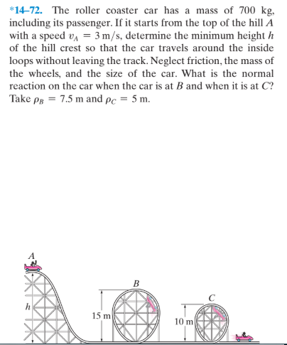 *14-72. The roller coaster car has a mass of 700 kg,
including its passenger. If it starts from the top of the hill A
with a speed v, = 3 m/s, determine the minimum height h
of the hill crest so that the car travels around the inside
loops without leaving the track. Neglect friction, the mass of
the wheels, and the size of the car. What is the normal
reaction on the car when the car is at B and when it is at C?
Take pr = 7.5 m and pc = 5 m.
B
15 m
10 m
