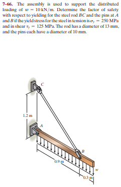 7-66. The assembly is used to support the distributed
loading of te - 10 KN/m. Determine the factor of safety
with respect to yielding for the steel rod BC and the pins at A
and Bif the yieldstress for the steel in tension is o, - 250 MPa
and in shear T, - 125 MPa. The rod has a diameter of 13 mm,
and the pins each have a diameter of 10 mm.
1.2 m
0.3m
