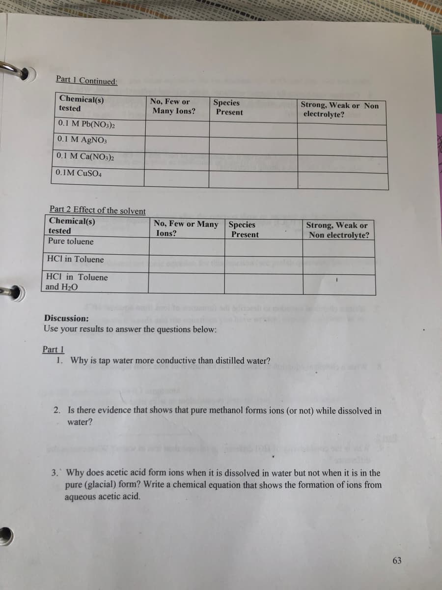 Part 1 Continued:
Chemical(s)
No, Few or
Species
Present
Strong, Weak or Non
electrolyte?
tested
Many Ions?
0.1 M Pb(NO3)2
0.1 M AGNO3
0.1 M Ca(NO3)2
0.1M CUSO4
Part 2 Effect of the solvent
Chemical(s)
No, Few or Many Species
Strong, Weak or
Non electrolyte?
tested
Ions?
Present
Pure toluene
HCl in Toluene
HCI in Toluene
and H20
Discussion:
Use your results to answer the questions below:
Part 1
1. Why is tap water more conductive than distilled water?
2. Is there evidence that shows that pure methanol forms ions (or not) while dissolved in
water?
3. Why does acetic acid form ions when it is dissolved in water but not when it is in the
pure (glacial) form? Write a chemical equation that shows the formation of ions from
aqueous acetic acid.
63
