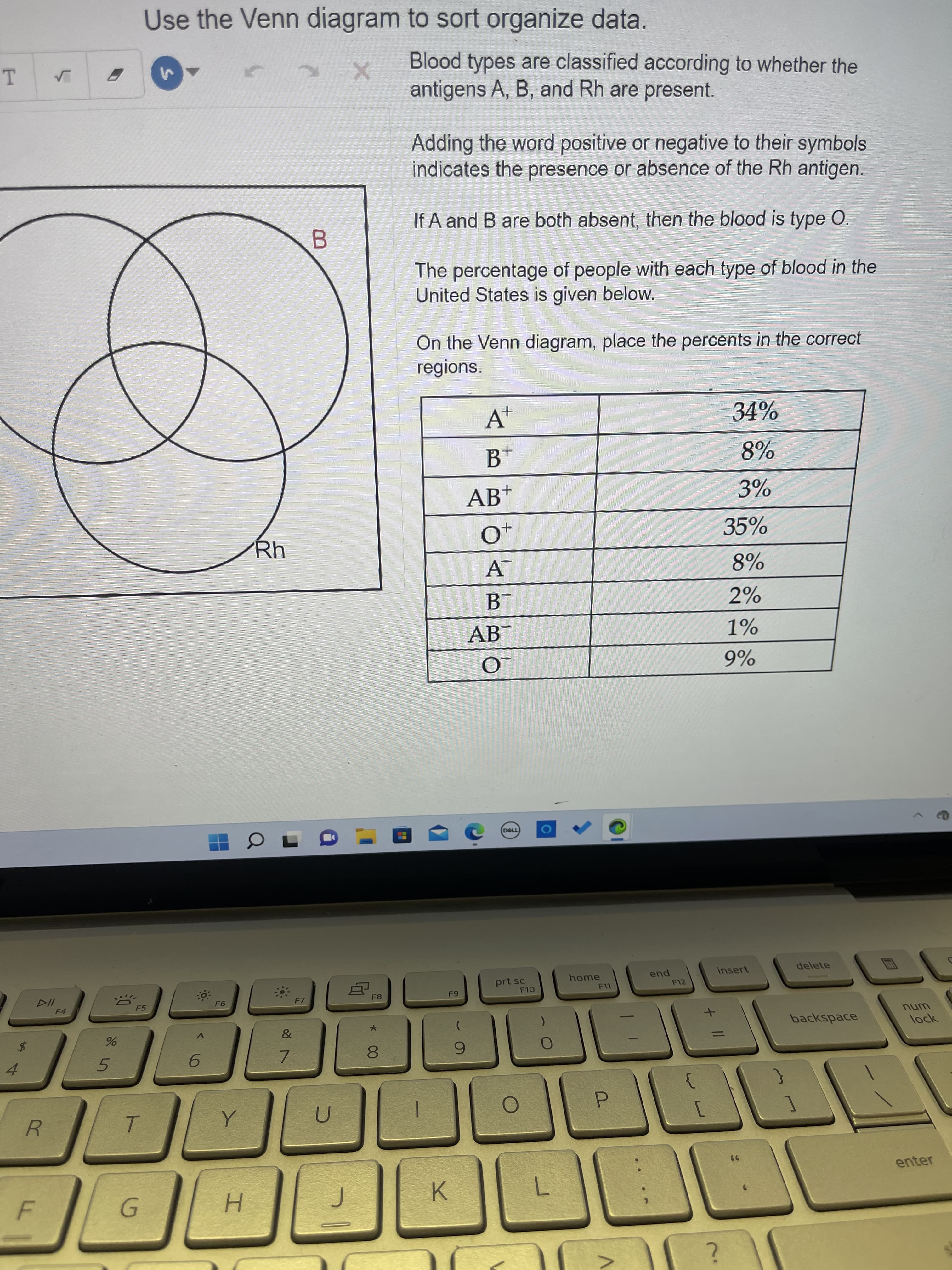 T
$
4
R
F
√
DII
F4
%
5
Use the Venn diagram
-X
F5
G
:9-
6
F6
Y
Rh
OL
I
&
7
B
U
G
F8
*
00
8
to sort organize data.
Blood types are classified according to whether the
antigens A, B, and Rh are present.
Adding the word positive or negative to their symbols
indicates the presence or absence of the Rh antigen.
If A and B are both absent, then the blood is type O.
The percentage of people with each type of blood in the
United States is given below.
On the Venn diagram, place the percents in the correct
regions.
+
At
34%
B+
8%
K
F9
AB+
0+
A
B
ABT
O
DELL
prt sc
(
9
F10
O
home
F11
end
F12
+ 11
3%
35%
8%
2%
1%
9%
insert
{
> ?
delete
backspace
num
lock
enter