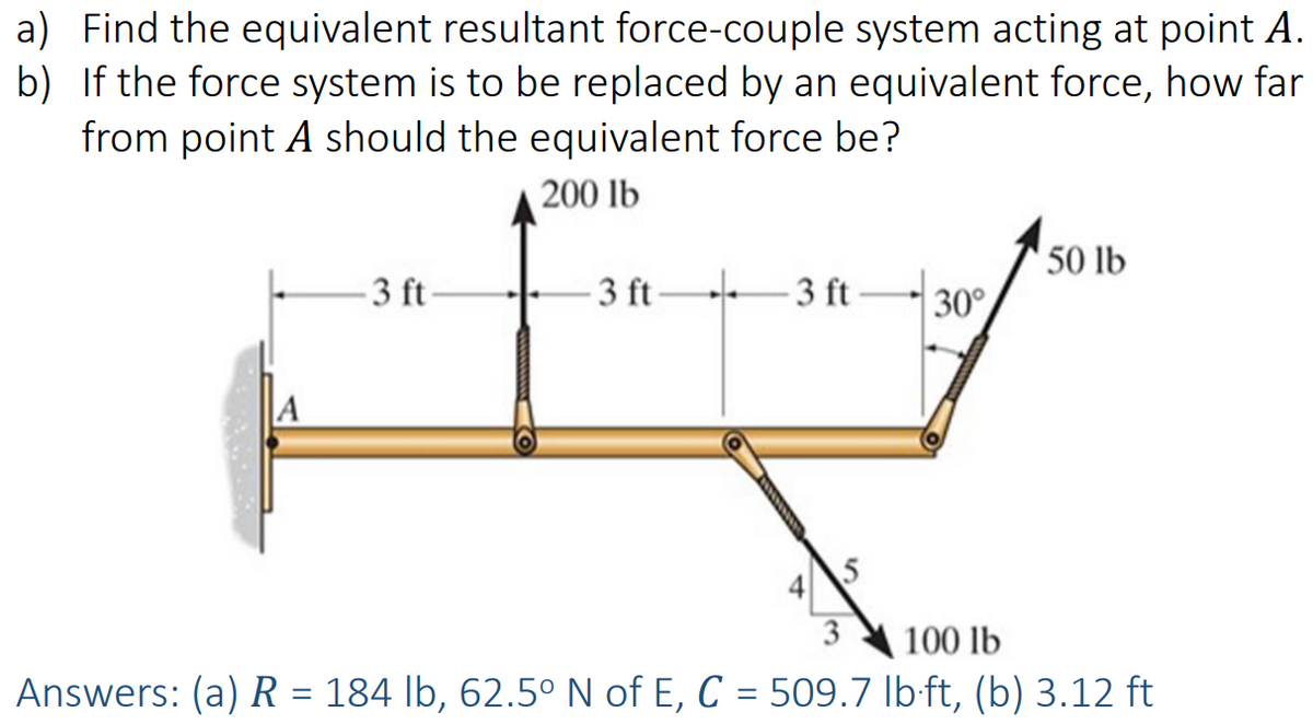 a) Find the equivalent resultant force-couple system acting at point A.
b) If the force system is to be replaced by an equivalent force, how far
from point A should the equivalent force be?
200 lb
A
-3 ft-
-3 ft-
↓ -3 ft
5
30°
50 lb
3
100 lb
Answers: (a) R = 184 lb, 62.5° N of E, C = 509.7 lb-ft, (b) 3.12 ft