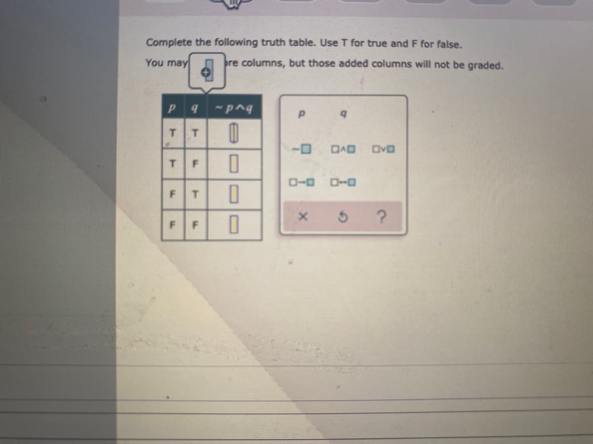 Complete the following truth table. Use T for true andF for false.
You may
re columns, but those added columns will not be graded.
-pnq
DAD
OvD
F
F
T
FI
T
T
F.
