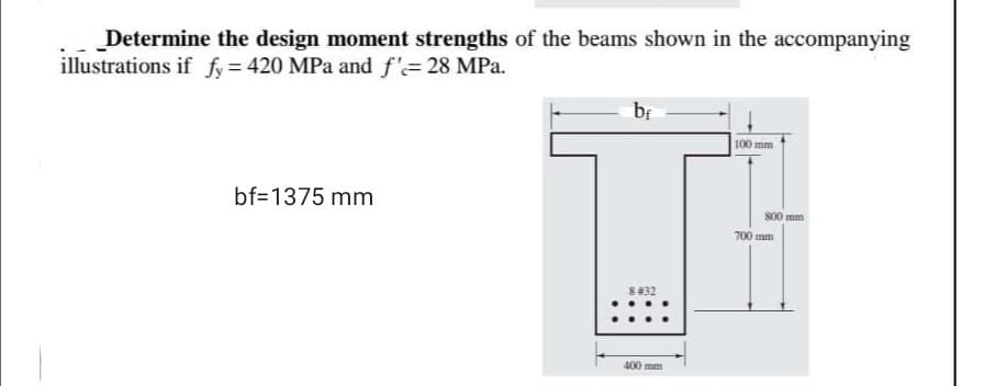 _Determine the design moment strengths of the beams shown in the accompanying
illustrations if fy = 420 MPa and f'=28 MPa.
bf
100 mm
bf=1375 mm
800 mm
700 mm
8 #32
400 mm
