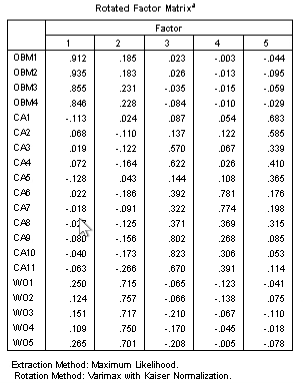 Rotated Factor Matrix
Factor
1
2
3
4
5
OBM1
.912
.185
.023
-.003
-.044
OBM2
.935
.183
.026
-.013
-.095
OBM3
.855
.231
-.035
-015
-.059
OBM4
.846
.228
-.084
-.010
-.029
CA1
-.113
.024
.087
.054
.683
CA2
.068
-.110
.137
.122
.585
CA3
.019
-.122
.570
.067
.339
CA4
.072
-.164
.622
.026
.410
CA6
-.128
.043
.144
.108
.365
CA6
.022
-.186
.392
.781
.176
CA7
-.018
-.091
.322
.774
.198
-.03
CAB
-.125
.371
.369
.315
-.080
-.156
.802
.268
.085
CA10
-.040
-.173
.823
.306
.053
CA11
-.063
-.266
.670
.391
.114
W01
.250
.715
-.065
-.123
-.041
WO2
.124
.757
-.066
-.138
.075
W03
.151
.717
-.210
-.067
-.110
W04
.109
.750
-.170
-.045
-.018
W05
.265
.701
-208
-.005
-.078
Extraction Method: Maximum Likelihood.
Rotation Method: Varimax with Kaiser Nomalization.
