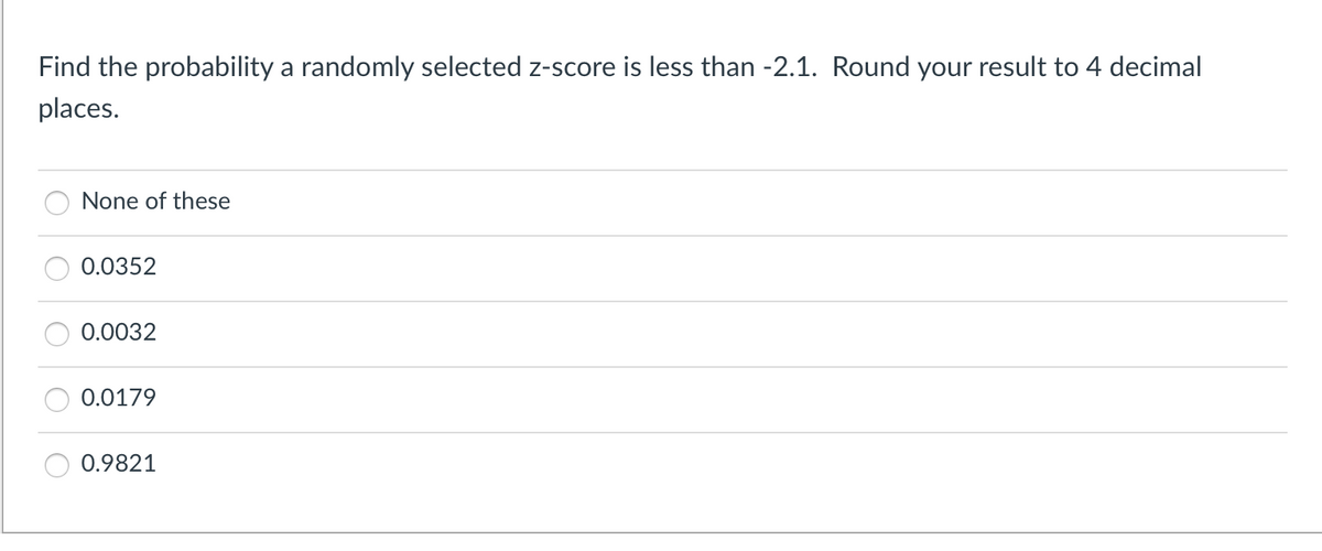 Find the probability a randomly selected z-score is less than -2.1. Round your result to 4 decimal
places.
None of these
0.0352
0.0032
0.0179
0.9821
