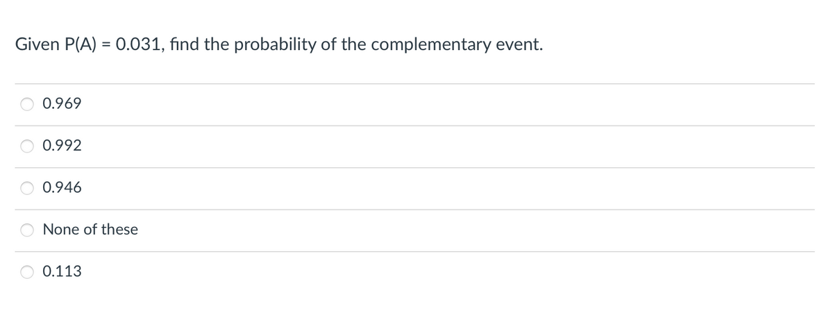 Given P(A) = 0.031, find the probability of the complementary event.
0.969
0.992
0.946
None of these
0.113
