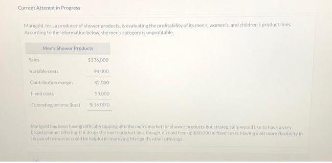 Current Attempt in Progress
Marigold, Inc., a producer of shower products, is evaluating the profitability of its men's, women's, and children's product lines.
According to the information below, the men's category is unprofitable.
Sales
Men's Shower Products
Variable costs
Contribution margin
Fixed costs
Operating income (loss)
$136,000
94,000
42.000
58,000
$(16,000)
Marigold has been having difficulty tapping into the men's market for shower products but strategically would like to have a very
broad product offering. If it drops the men's product line, though, it could free up $30,000 in fixed costs. Having a bit more flexibility in
its use of resources could be helpful in improving Marigold's other offerings