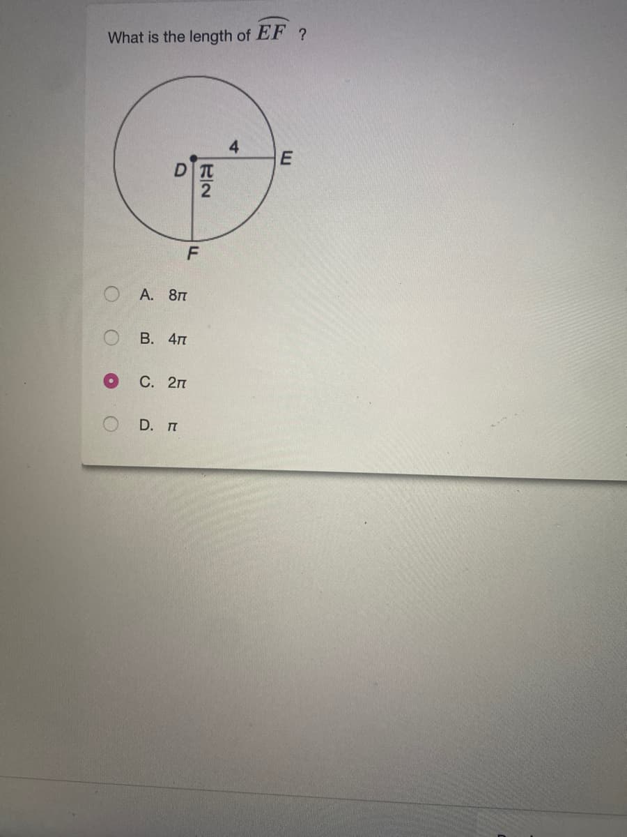 What is the length of EF ?
4
А. 8п
В. 4п
С. 2п
D. п
FL
