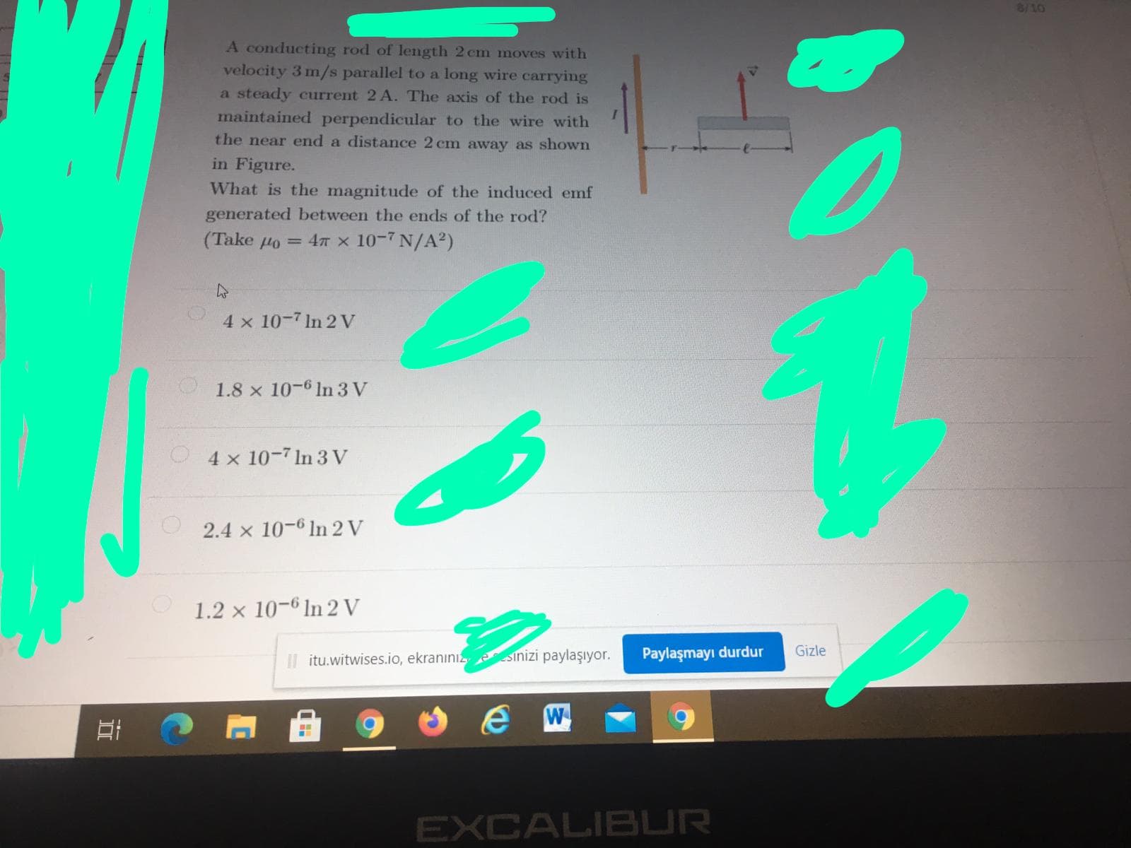 A conducting rod of length 2 cm moves with
velocity 3 m/s parallel to a long wire carrying
a steady current 2 A. The axis of the rod is
maintained perpendicular to the wire with
the near end a distance 2 cm away as shown
in Figure.
What is the magnitude of the induced emf
generated between the ends of the rod?
(Take Ho = 47 x 10-7 N/A2)
