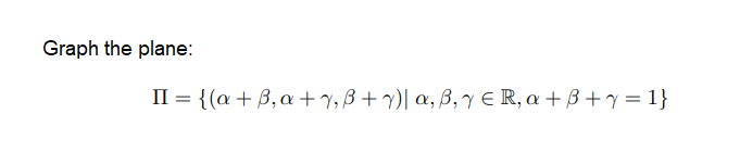 Graph the plane:
II = {(a + B,a + y, B + y)| a, B, Y ER, a +B+y = 1}
