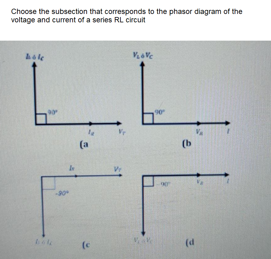 Choose the subsection that corresponds to the phasor diagram of the
voltage and current of a series RL circuit
hole
90
Vr
(b
(a
-90
(d
766
(e
