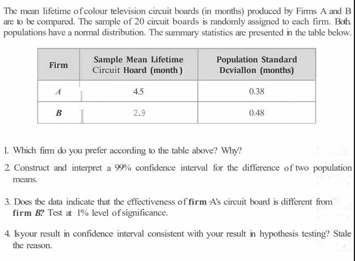 The mean lifetime of colour television circuit boards (in months) produced by Firms A and B
are to be compared. The sample of 20 circuit boards is randomly assigned to each firm. Both.
populations have a normal distribution. The summary statistics are presented in the table below.
Sample Mean Lifetime
Circuit Hoard (month )
Population Standard
Dcviallon (months)
Firm
A
4.5
0.38
B
2.9
0.48
1. Which firm do you prefer according to the table above? Why?
2. Construct and interpret a 99% confidence interval for the difference of two population
means.
3. Does tbe data indicate that the effectiveness offirm A's circuit board is different from
firm B? Test at 1% level of significance.
4. Isyour result in confidence interval consistent with your result in hypothesis testing? Stale
the reason.
