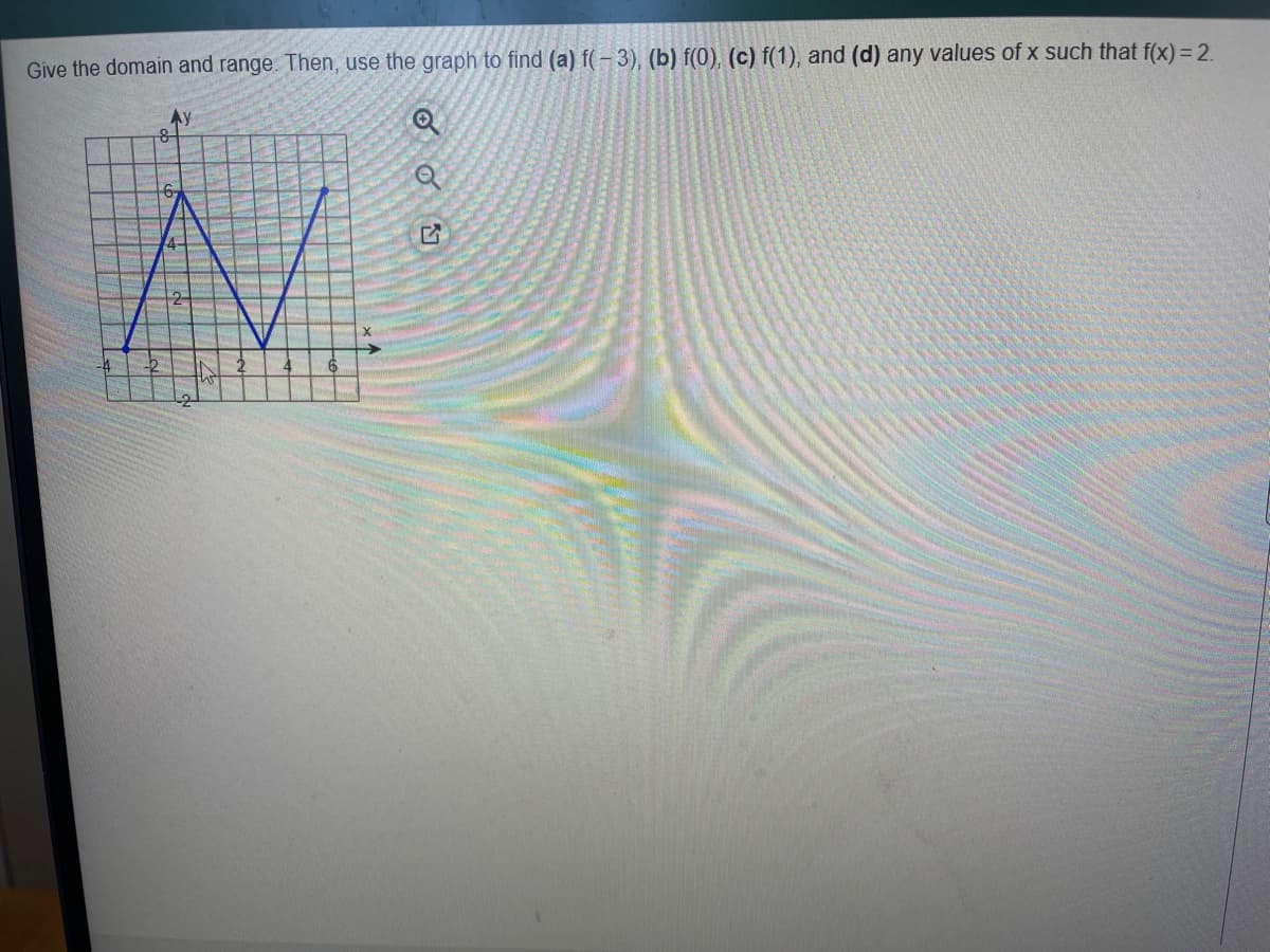 Give the domain and range. Then, use the graph to find (a) f(-3), (b) f(0), (c) f(1), and (d) any values of x such that f(x) = 2.
Q
Q
6