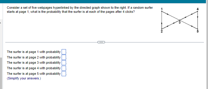 Consider a set of five webpages hyperlinked by the directed graph shown to the right. If a random surfer
starts at page 1, what is the probability that the surfer is at each of the pages after 4 clicks?
The surfer is at page 1 with probability
The surfer is at page 2 with probability
The surfer is at page 3 with probability
The surfer is at page 4 with probability
The surfer is at page 5 with probability
(Simplify your answers.)
***
2