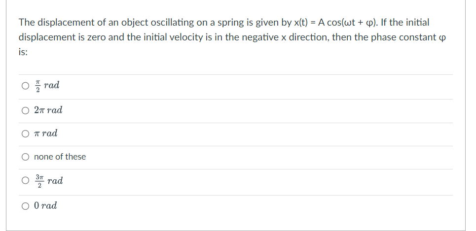 The displacement of an object oscillating on a spring is given by x(t) = A cos(wt + p). If the initial
displacement is zero and the initial velocity is in the negative x direction, then the phase constant p
is:
Orad
○ 2π rad
Ο πrad
O none of these
O
37
rad
O 0 rad