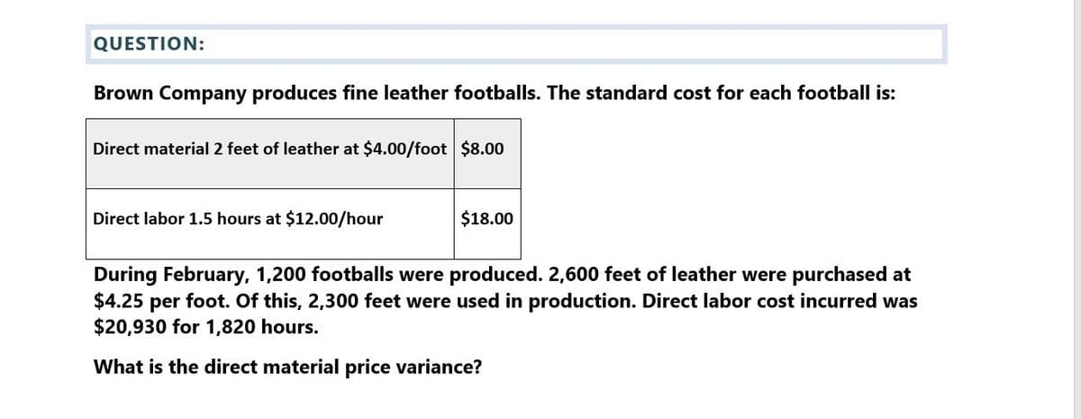 QUESTION:
Brown Company produces fine leather footballs. The standard cost for each football is:
Direct material 2 feet of leather at $4.00/foot $8.00
Direct labor 1.5 hours at $12.00/hour
$18.00
During February, 1,200 footballs were produced. 2,600 feet of leather were purchased at
$4.25 per foot. Of this, 2,300 feet were used in production. Direct labor cost incurred was
$20,930 for 1,820 hours.
What is the direct material price variance?