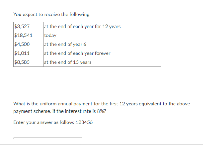 You expect to receive the following:
$3,527
$18,541
$4,500
$1,011
$8,583
at the end of each year for 12 years
today
at the end of year 6
at the end of each year forever
at the end of 15 years
What is the uniform annual payment for the first 12 years equivalent to the above
payment scheme, if the interest rate is 8%?
Enter your answer as follow: 123456