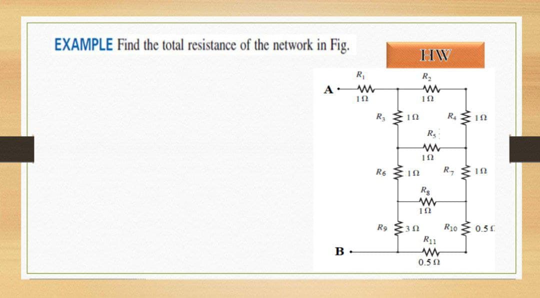 EXAMPLE Find the total resistance of the network in Fig.
HW
R
R2
A
R3
R4 E 1N
Rs
R6
R
R9
R10 E 0.5
R11
B
0.50
