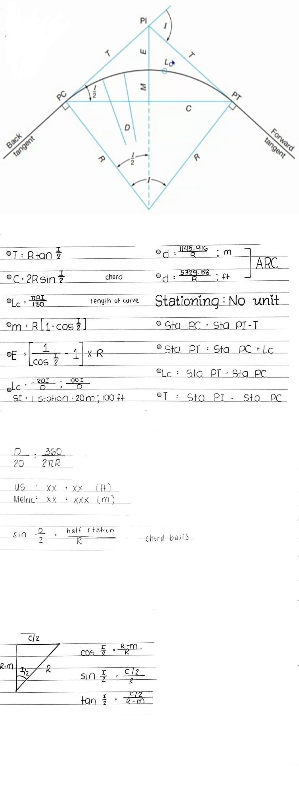 PI
PT
PC
C
Back
tangent
Forward
tangent
145.916
OT: Rtan 2
Od
R.
ARC
°C: 2R sin
5729. 53
; ft
chord
TRI
OLc 180
Stationing No unit
Tength ot curve
Om : R[1-cos
O Sta PC : Sła PI-T
1.
I-1xR
COS 2
Sta PT
: Sta PC + Lc.
OF
Lc: Sta PT - Sta PC
1.
201
D.
100 I
oLc
SI : | station : 20m; 100 ft
Sta PI - Sła PC
D. 360
20
2 TR
us
XX
t XX
Metric: XX
+ XXX (m)
half station
Sin
cherd basis
C/z
R-m
COS 7
R-m
C12
Sin =
tan
C12
R-m
12
R
