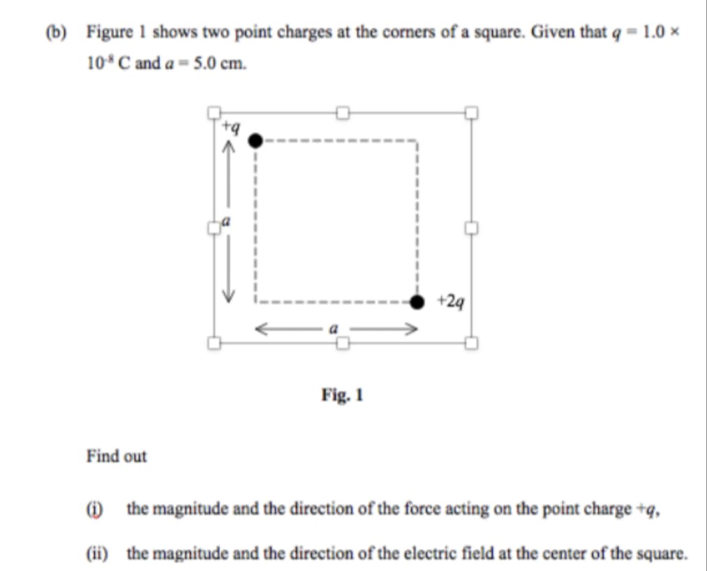 (b) Figure 1 shows two point charges at the corners of a square. Given that q = 1.0 ×
10* C and a = 5.0 cm.
+29
a
Fig. 1
Find out
O the magnitude and the direction of the force acting on the point charge +q,
(ii) the magnitude and the direction of the electric field at the center of the square.
