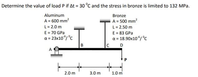 Determine the value of load P if At = 30 °C and the stress in bronze is limited to 132 MPa.
Aluminum
Bronze
A = 600 mm?
A = 500 mm?
L= 2.0 m
L= 2.50 m
E = 70 GPa
a = 23x10/ °C
E = 83 GPa
a = 18.90x10/ °C
|c
B
D
A O
2.0 m
3.0 m
1.0 m
