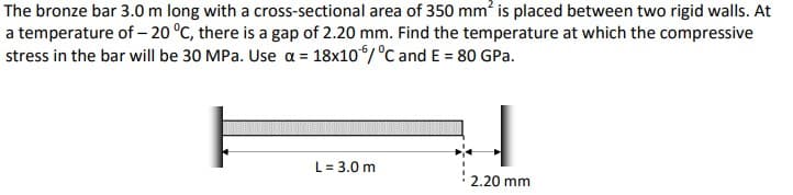 The bronze bar 3.00 m long with a cross-sectional area of 350 mm is placed between two rigid walls. At
a temperature of – 20 °C, there is a gap of 2.20 mm. Find the temperature at which the compressive
stress in the bar will be 30 MPa. Use a = 18x10/°C and E = 80 GPa.
L = 3.0 m
2.20 mm
